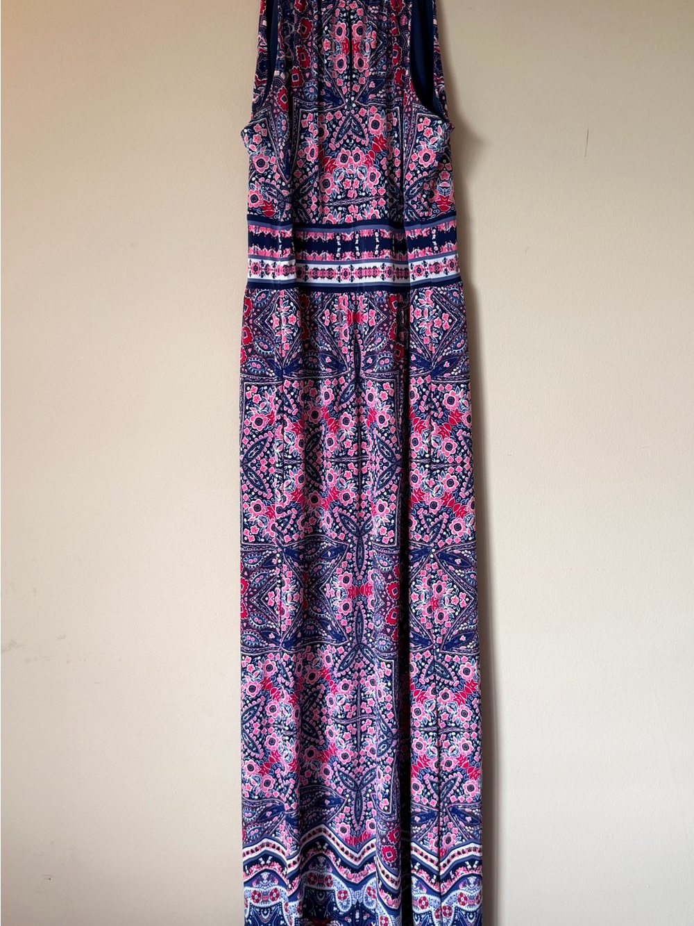 Navy Pink Boho Medallion Print Halter Keyhole Maxi Dress Womens Petite 10 Summer - Picture 2 of 5
